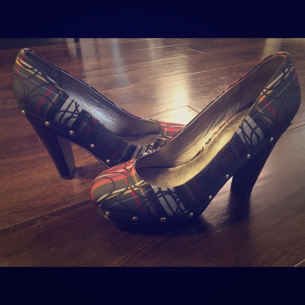COACH Carli Platform Heels Tartan Plaid 7B EUC